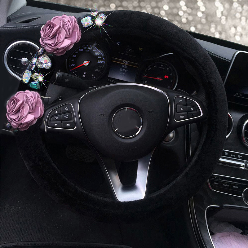 Vintage Women Crystal Rose Car Steering Wheel Covers Plush 15 inch 38CM - Black
