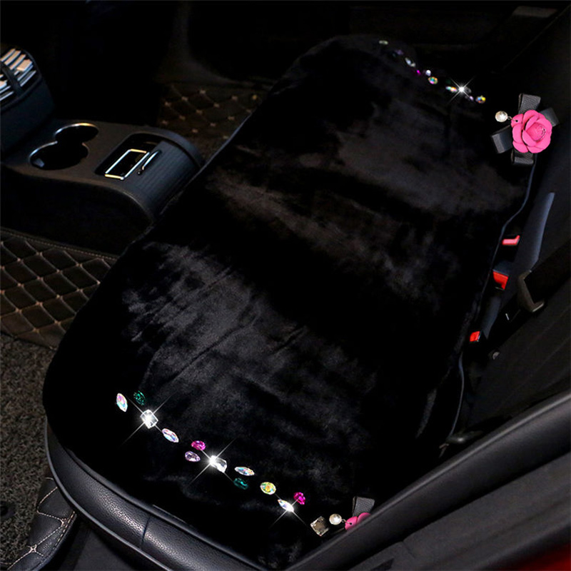 Winter Crystal Plush Car Back Row Seat Cushion Woman Camellia Rear Long Pads - Black Rose