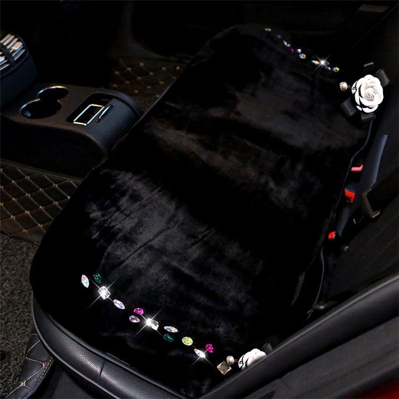 Winter Crystal Plush Car Back Row Seat Cushion Woman Camellia Rear Long Pads - Black White