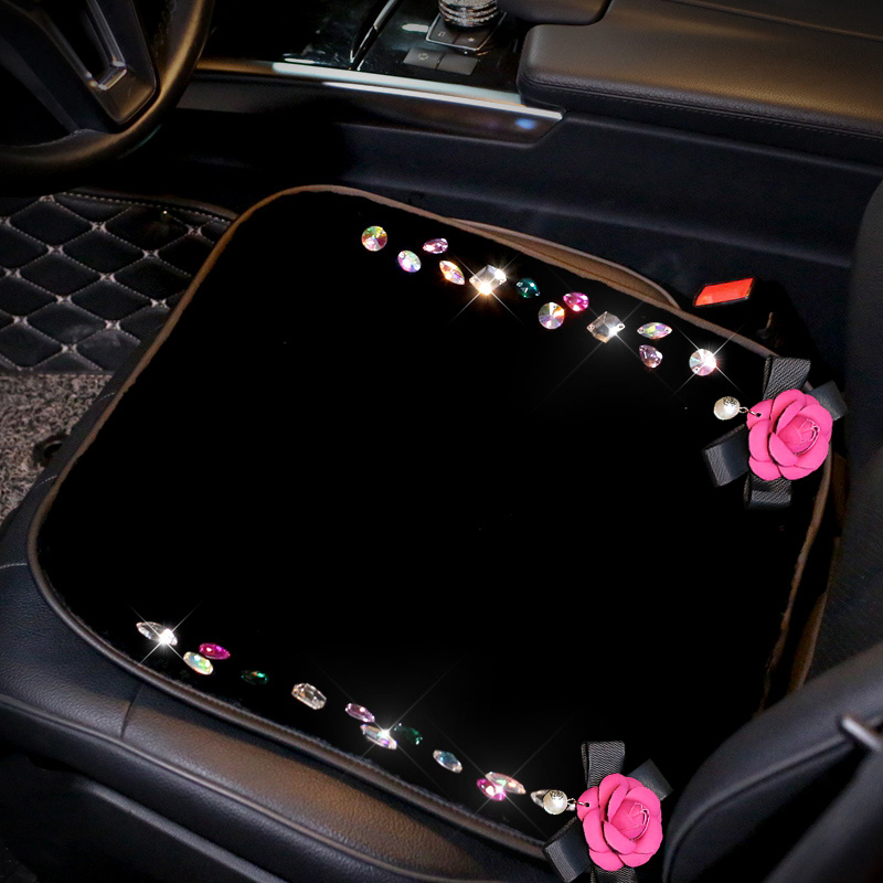 Winter Crystal Plush Car Front Seat Cushion Woman Universal Camellia Pads 1pcs - Black Rose