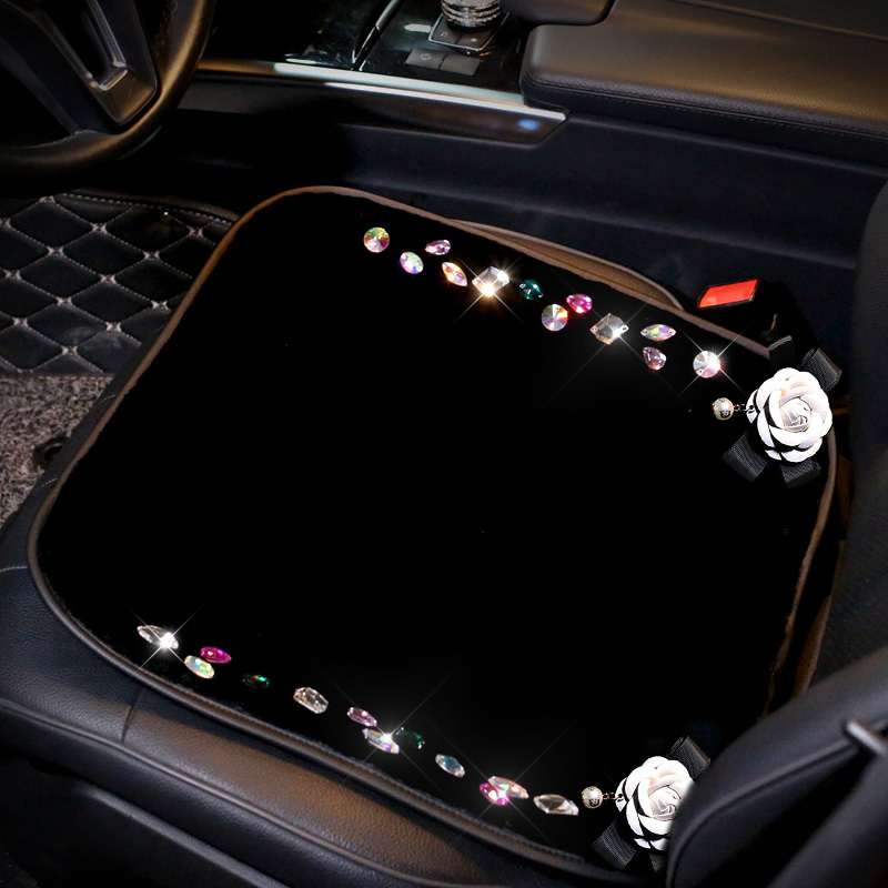 Winter Crystal Plush Car Front Seat Cushion Woman Universal Camellia Pads 1pcs - Black White