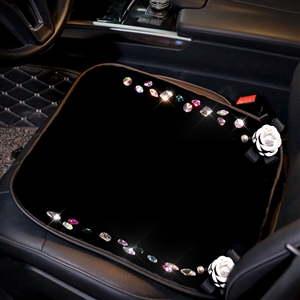 Winter Crystal Plush Car Front Seat Cushion Woman Universal Camellia Pads 1pcs - Black White