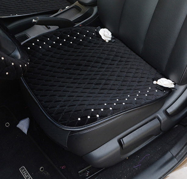 Winter Diamond Plush Car Front Seat Cushion Woman Universal Camellia Pads 1pcs - Black White