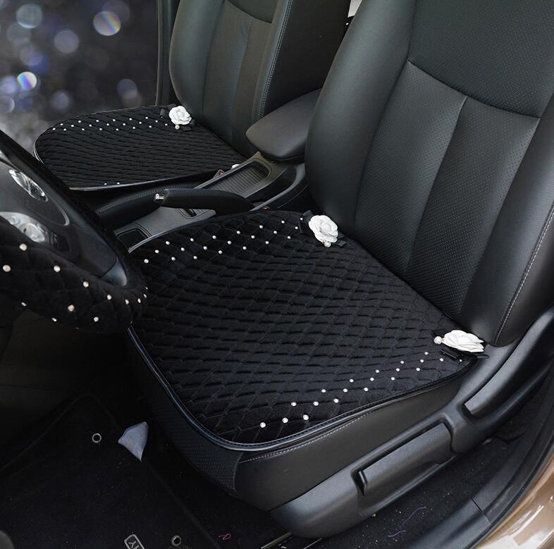 Winter Diamond Plush Car Front Seat Cushion Woman Universal Camellia Pads 1pcs - Black White