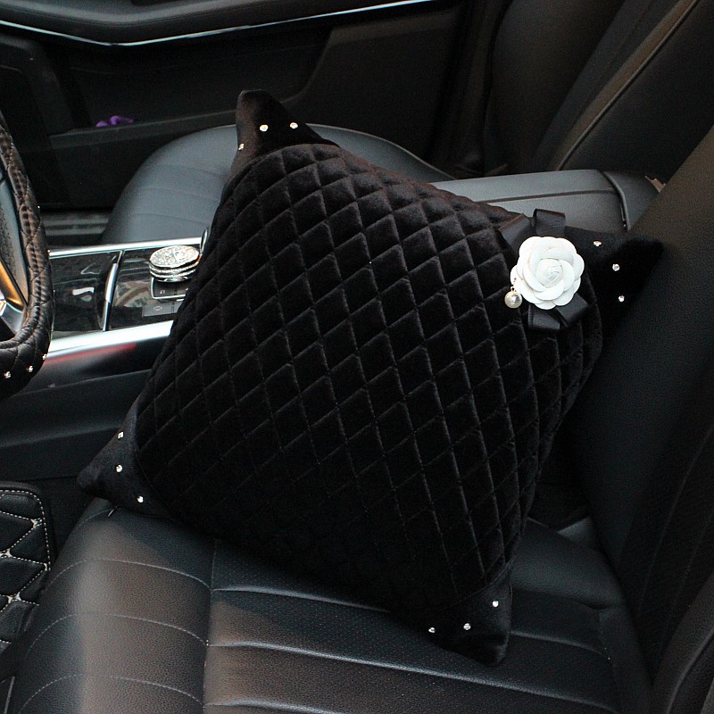 Winter Diamond Plush Car Lumbar Pillow Woman Universal Camellia Support 1pcs - Black White