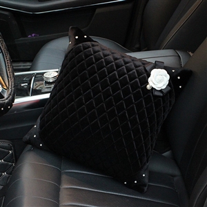 Winter Diamond Plush Car Lumbar Pillow Woman Universal Camellia Support 1pcs - Black White