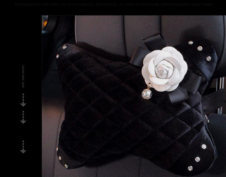 Winter Diamond Plush Car Neck Pillow Woman Universal Camellia Headrest 1pcs - Black White