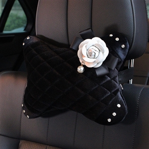 Winter Diamond Plush Car Neck Pillow Woman Universal Camellia Headrest 1pcs - Black White