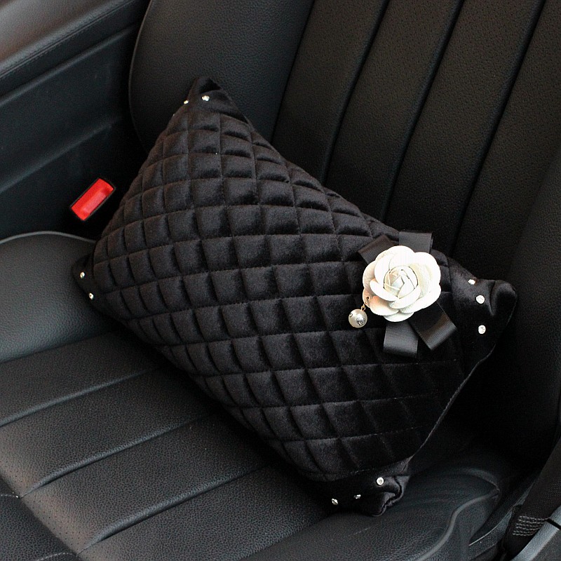 Winter Diamond Plush Car Waist Pillow Woman Universal Camellia Cushions 1pcs - Black White
