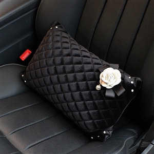 Winter Diamond Plush Car Waist Pillow Woman Universal Camellia Cushions 1pcs - Black White