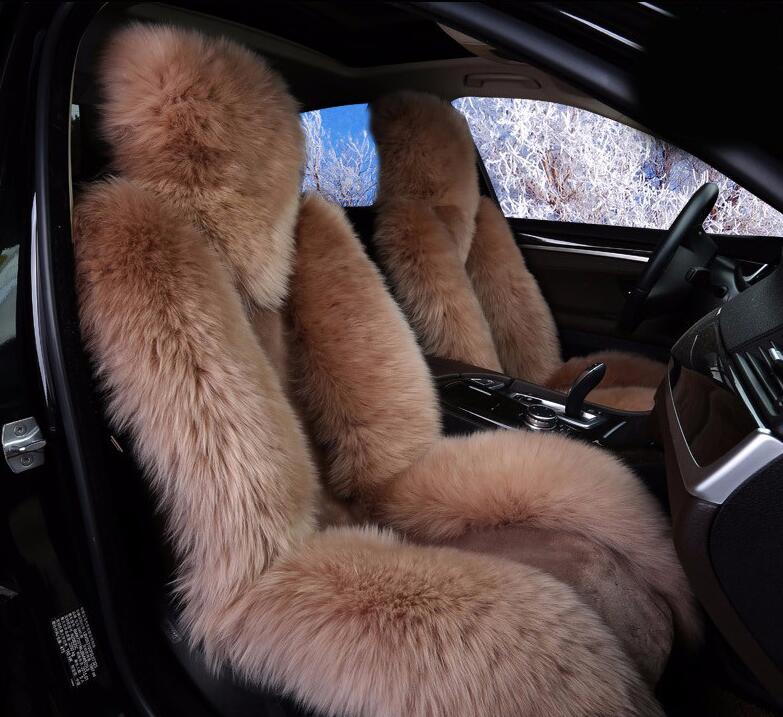 Winter Long Wool Auto Cushion Universal Genuine Sheepskin Car Seat Covers 1Piece Front Cover - Camel