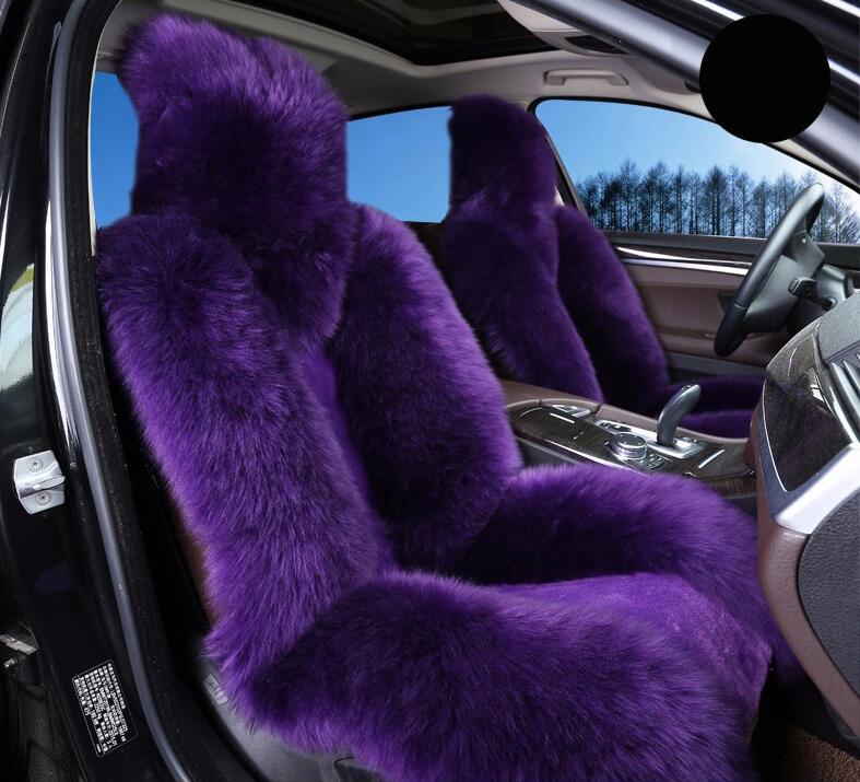 Winter Long Wool Auto Cushion Universal Genuine Sheepskin Car Seat Covers 1Piece Front Cover - Purple
