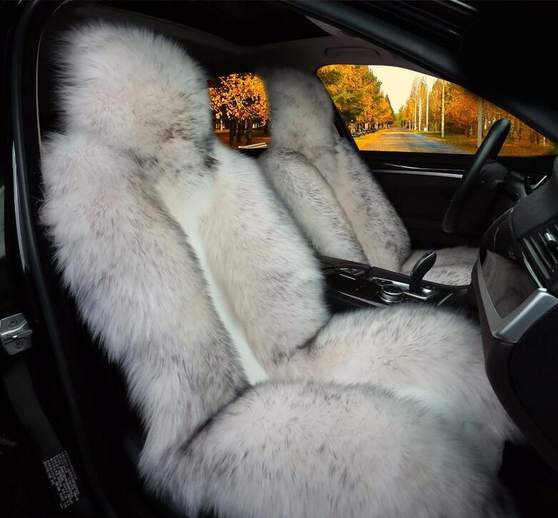 Winter Long Wool Auto Cushion Universal Genuine Sheepskin Car Seat Covers 1Piece Front Cover - White Black