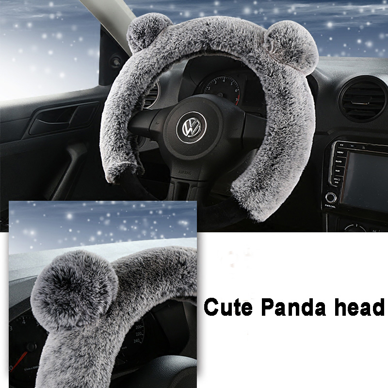 Winter Plush Car Steering Cover Cute Cartoon Panda Rabbit Case Warm Heated Auto Wheels Covers - Grey