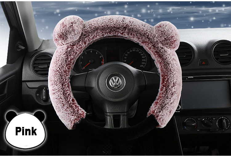 Winter Plush Car Steering Cover Cute Cartoon Panda Rabbit Case Warm Heated Auto Wheels Covers - Pink
