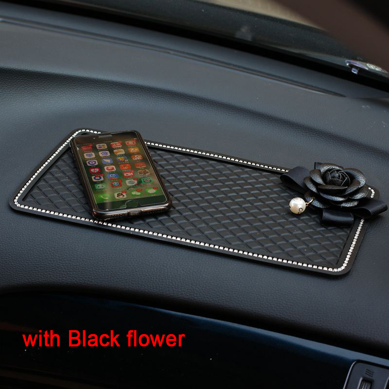 Women Camellia Rhinestone Automobile Non-Slip Mat PVC Car Anti-Slip Mats Plastic - Black