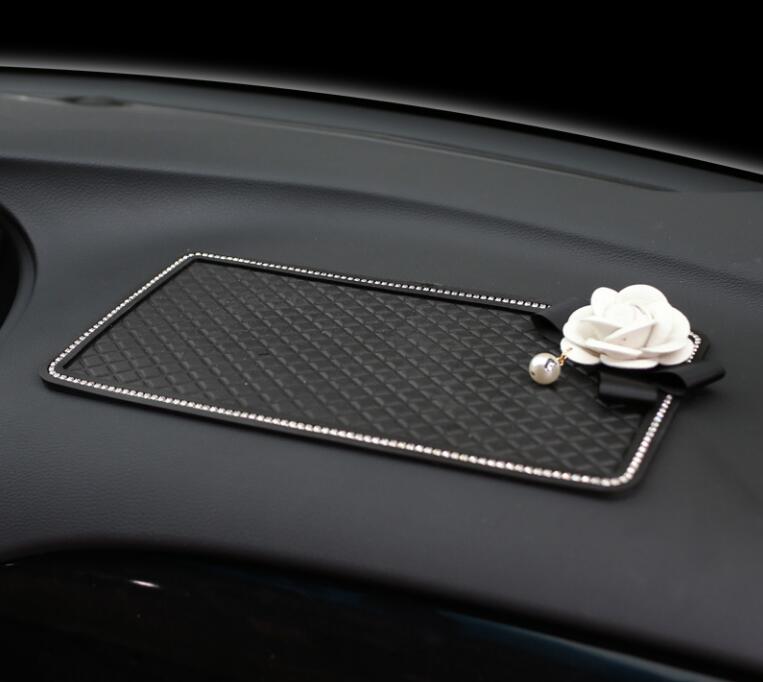 Women Camellia Rhinestone Automobile Non-Slip Mat PVC Car Anti-Slip Pads Plastic - Black