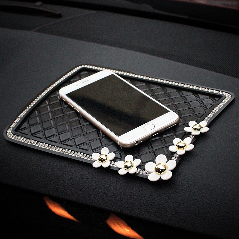 Women Daisy Rhinestone Automobile Non-Slip Mat PVC Car Anti-Slip Pads Plastic - Black