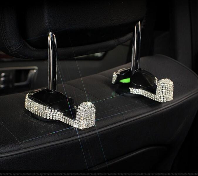 1 Pair Crystal Rhinestone Car Seat Back Holder Bag Purse Hangers Auto Storage Hooks - White