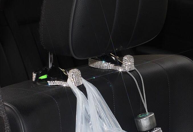 1 Pair Crystal Rhinestone Car Seat Back Holder Bag Purse Hangers Auto Storage Hooks - White