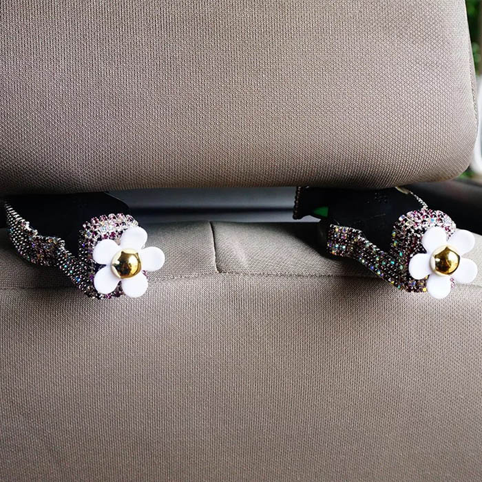 1 Pair Crystal Rhinestone Daisy Seat Back Holder Bag Purse Hangers Auto Storage Hooks - Purple