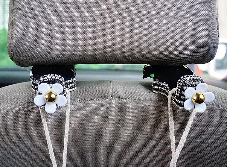 1 Pair Crystal Rhinestone Daisy Seat Back Holder Bag Purse Hangers Auto Storage Hooks - White Black