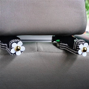 1 Pair Crystal Rhinestone Daisy Seat Back Holder Bag Purse Hangers Auto Storage Hooks - White Black