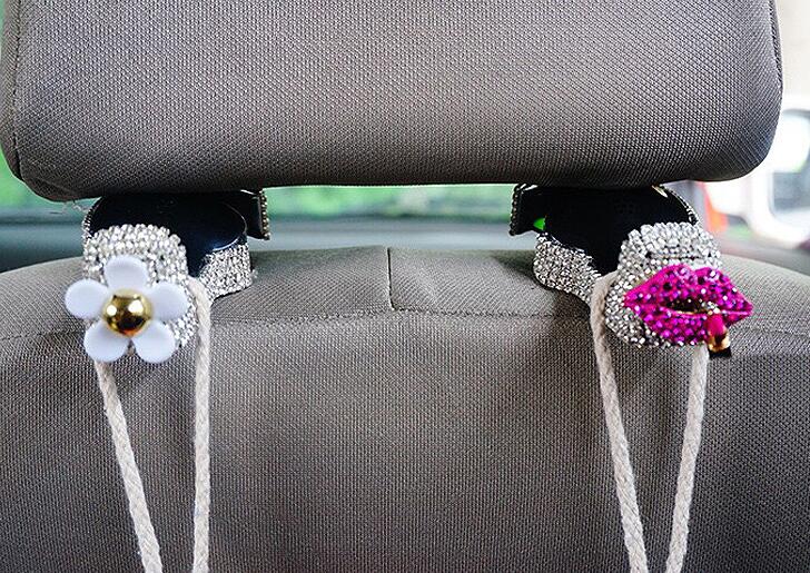 1 Pair Crystal Rhinestone Daisy Seat Back Holder Bag Purse Hangers Auto Storage Hooks - White