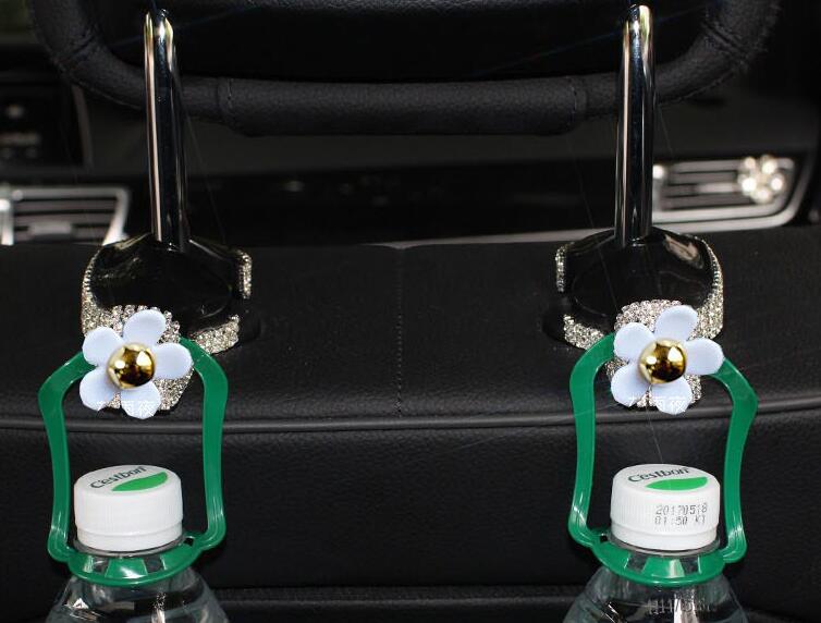 1 Pair Crystal Rhinestone Daisy Seat Back Holder Bag Purse Hangers Auto Storage Hooks - White