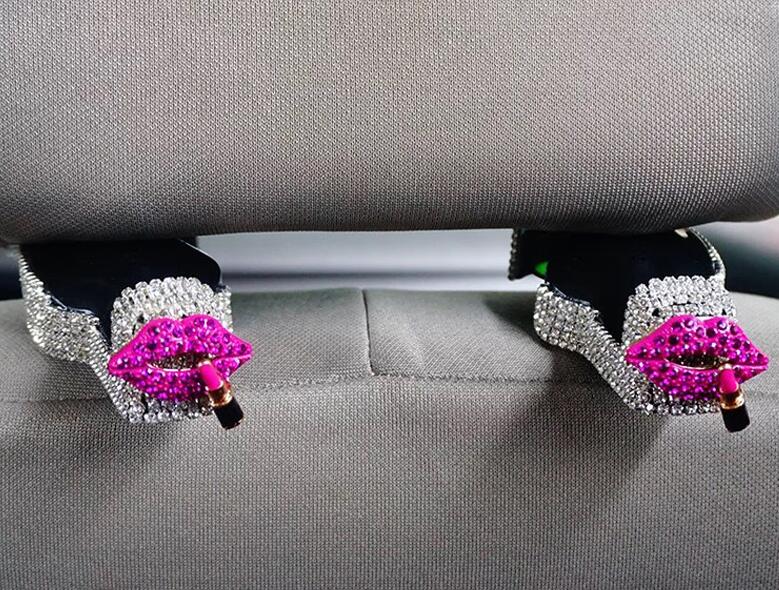 1 Pair Crystal Rhinestone Lips Seat Back Holder Bag Purse Hangers Auto Storage Hooks - White