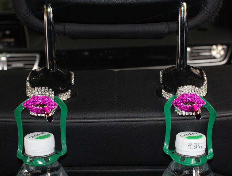 1 Pair Crystal Rhinestone Lips Seat Back Holder Bag Purse Hangers Auto Storage Hooks - White