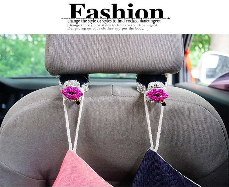1 Pair Crystal Rhinestone Lips Seat Back Holder Bag Purse Hangers Auto Storage Hooks - White