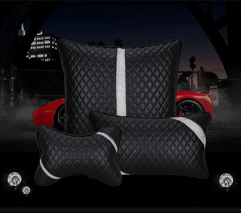 Great Bling Female Rhinestone Car Seat Waist Pillows PU Leather Rectangle Cushions 1pcs - Black
