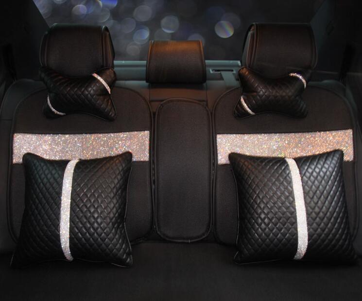 1PCS Plaid Bling Leather Car Neck Pillow Good Universal Auto Headrest for Female- Black