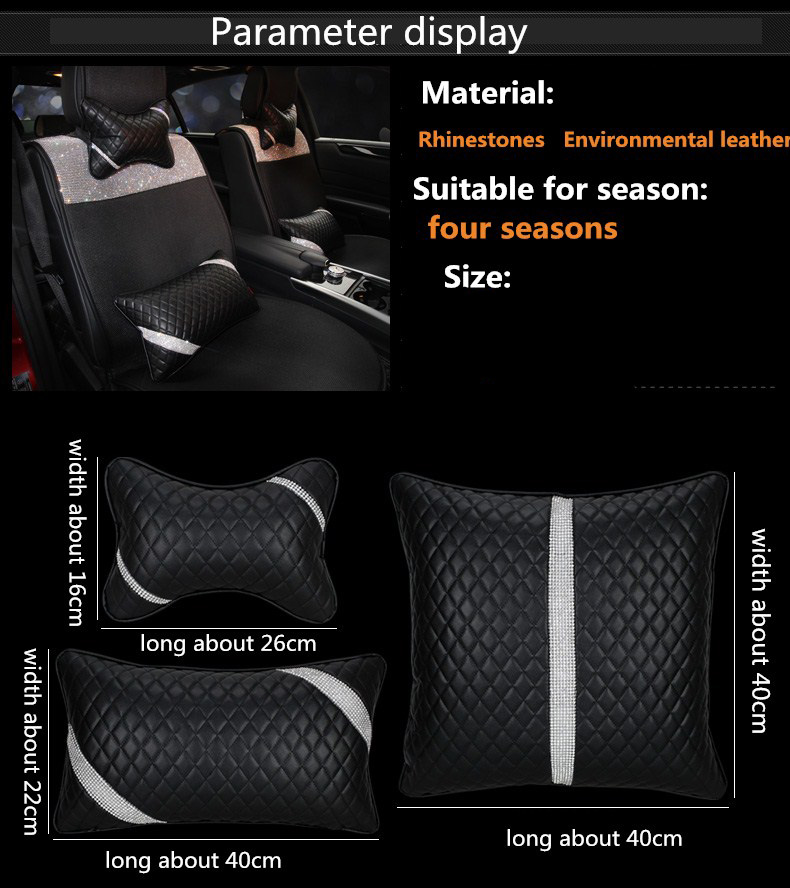 Great Bling Female Rhinestone Car Seat Waist Pillows PU Leather Rectangle Cushions 1pcs - Black