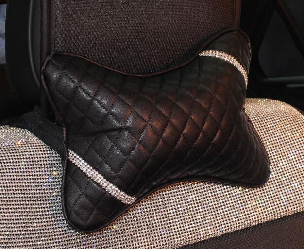 1PCS Plaid Bling Leather Car Neck Pillow Good Universal Auto Headrest for Female- Black