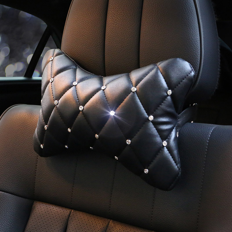1PCS Plaid Bling Leather Car Neck Pillow Pretty Universal Auto Headrest for Female- Black