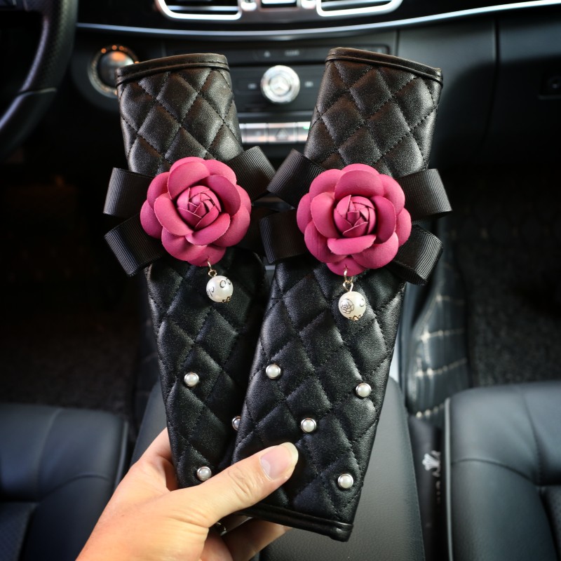 2pcs Auto Safety Seat Belt Covers Women Creative Pearl Camellia Leather Shoulder Pads - Black