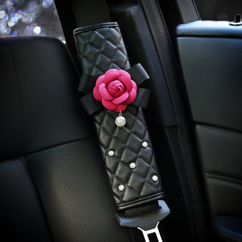 2pcs Auto Safety Seat Belt Covers Women Creative Pearl Camellia Leather Shoulder Pads - Black