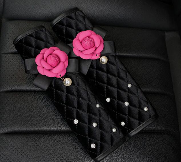 2pcs Auto Safety Seat Belt Covers Women Creative Pearl Camellia Plush Shoulder Pads - Black