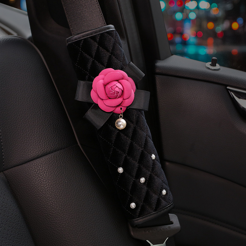2pcs Auto Safety Seat Belt Covers Women Creative Pearl Camellia Plush Shoulder Pads - Black