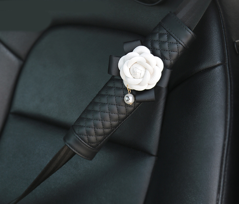 2pcs Car Safety Seat Belt Covers Women Creative Beautiful Camellia Leather Shoulder Pads - Black