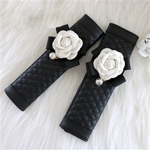 2pcs Car Safety Seat Belt Covers Women Creative Beautiful Camellia Leather Shoulder Pads - Black