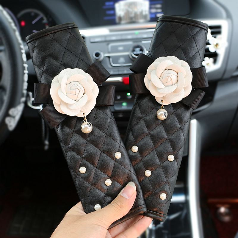 2pcs Car Safety Seat Belt Covers Women Creative Pearl Camellia Leather Shoulder Pads - Black
