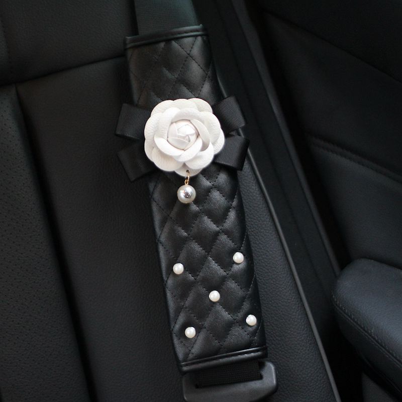 2pcs Car Safety Seat Belt Covers Women Creative Pearl Camellia Leather Shoulder Pads - Black