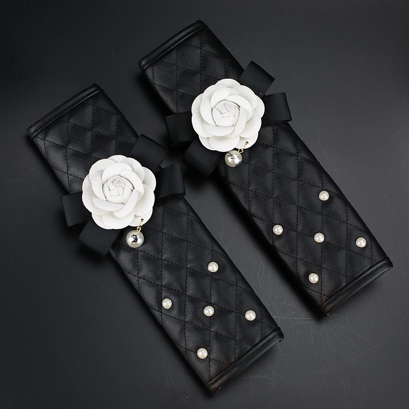 2pcs Car Safety Seat Belt Covers Women Creative Pearl Camellia Leather Shoulder Pads - Black