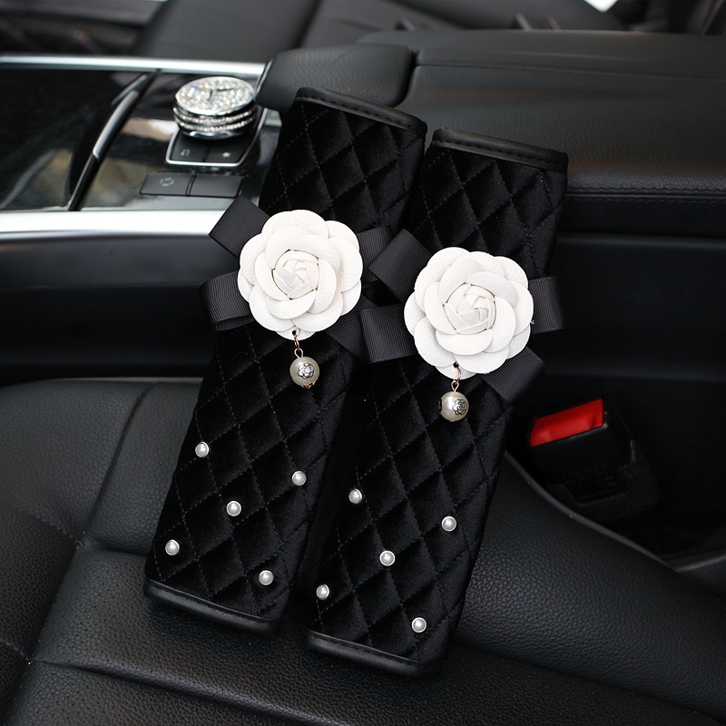 2pcs Car Safety Seat Belt Covers Women Creative Pearl Camellia Plush Shoulder Pads - Black