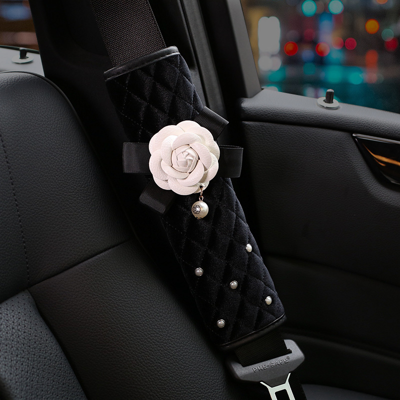 2pcs Car Safety Seat Belt Covers Women Creative Pearl Camellia Plush Shoulder Pads - Black