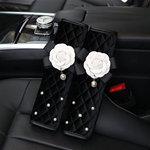 2pcs Car Safety Seat Belt Covers Women Creative Pearl Camellia Plush Shoulder Pads - Black