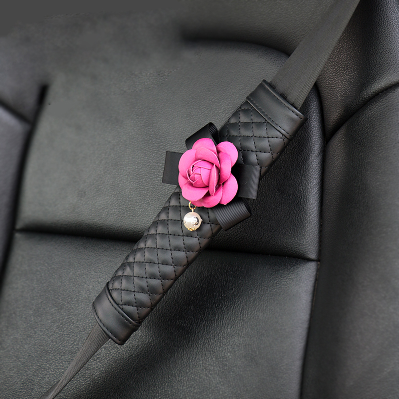 2pcs Car Safety Seat Belt Covers Women Creative Pretty Camellia Leather Shoulder Pads - Black